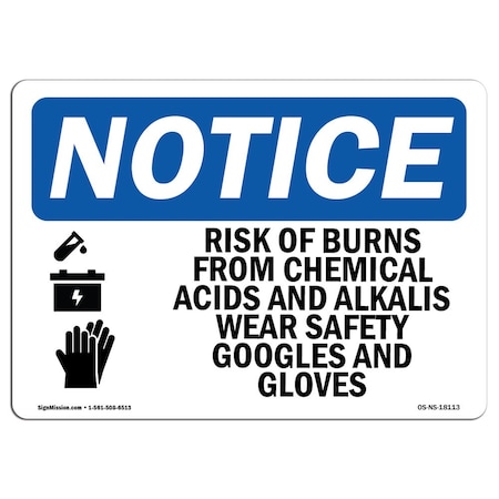 Signmission OSHA Notice Sign, 18" Height, 24" Width, Risk Of Burns From Chemical Sign With Symbol, Landscape OS-NS-D-1824-L-18113